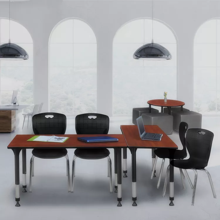 Cherry Height Adjustable Desk & 2 Black Stack Chairs for Classroom - Regency Seating