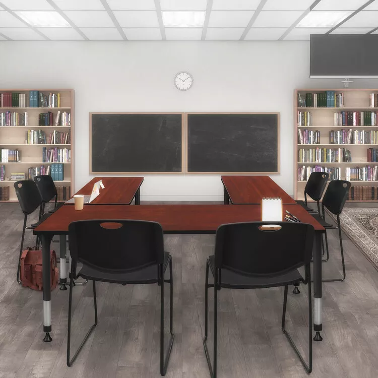 Cherry Height Adjustable Desk and 2 Black Stack Chairs Set - Regency Seating