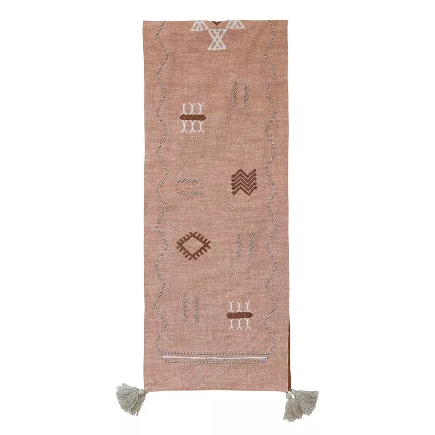 Cotton Table Runner w/ Embroidered Moroccan Design & Tassels, Multi Color