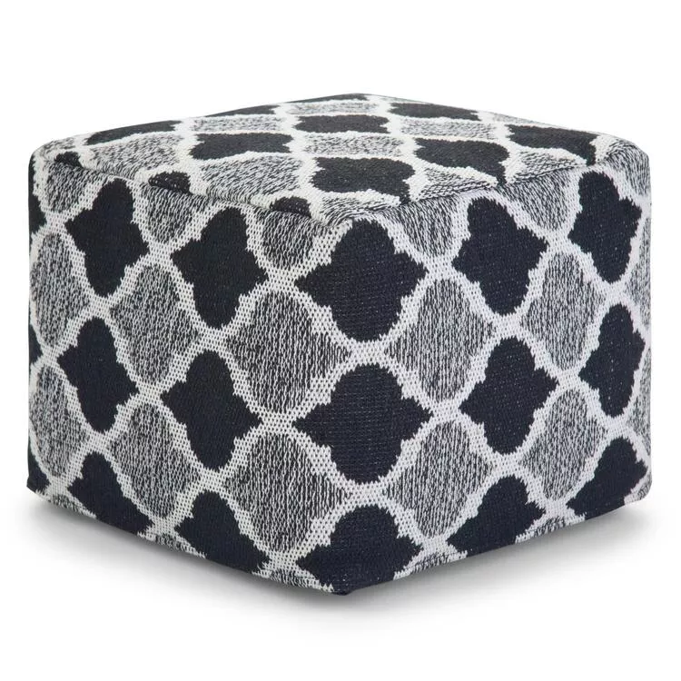 Currie Boho Square Pouf in Black, Grey, White Patterned Cotton