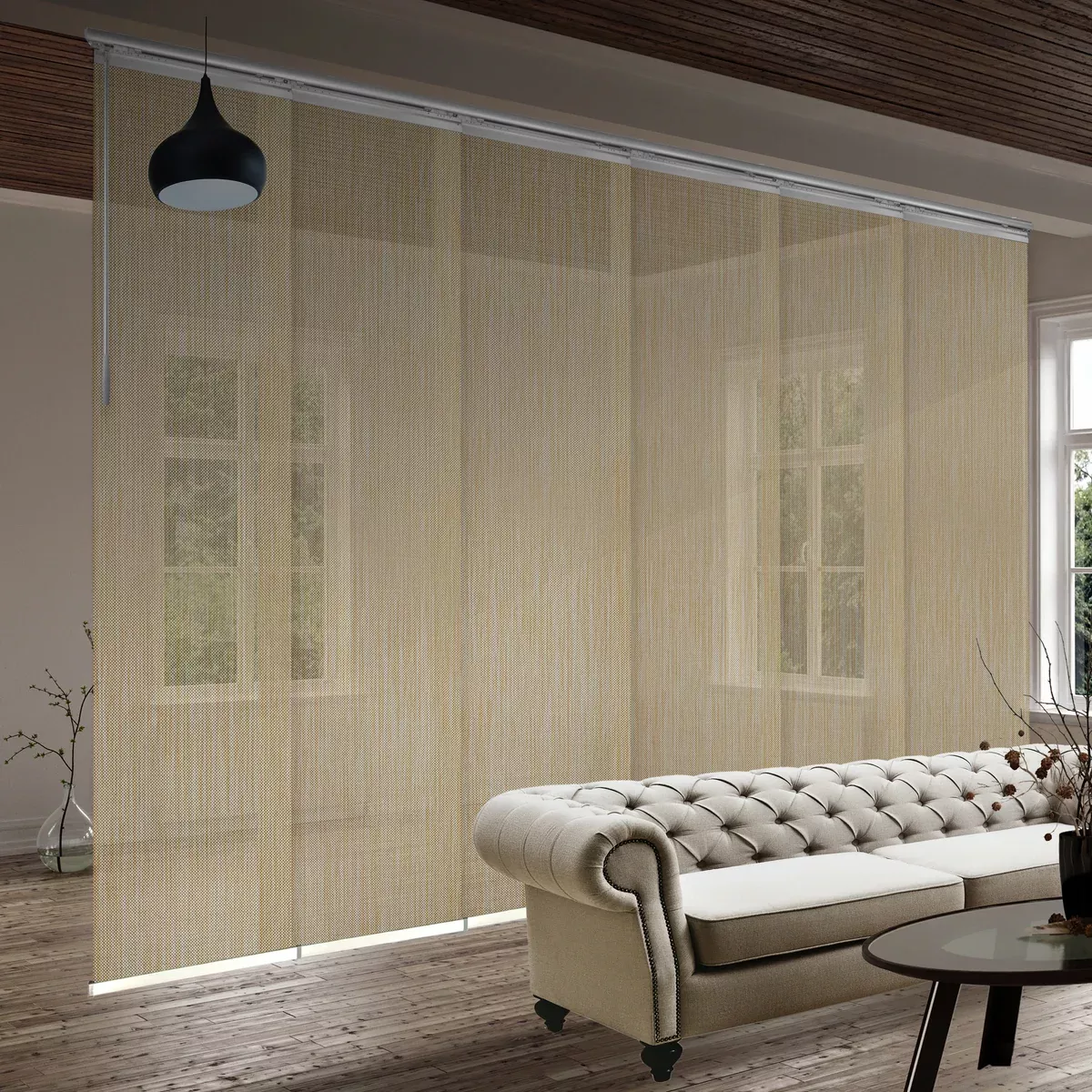 Dappled Sand 6-Panel Single Rail Panel Track 70"-130"W, Panel width 23.5" - 40% LIGHT-FILTERING