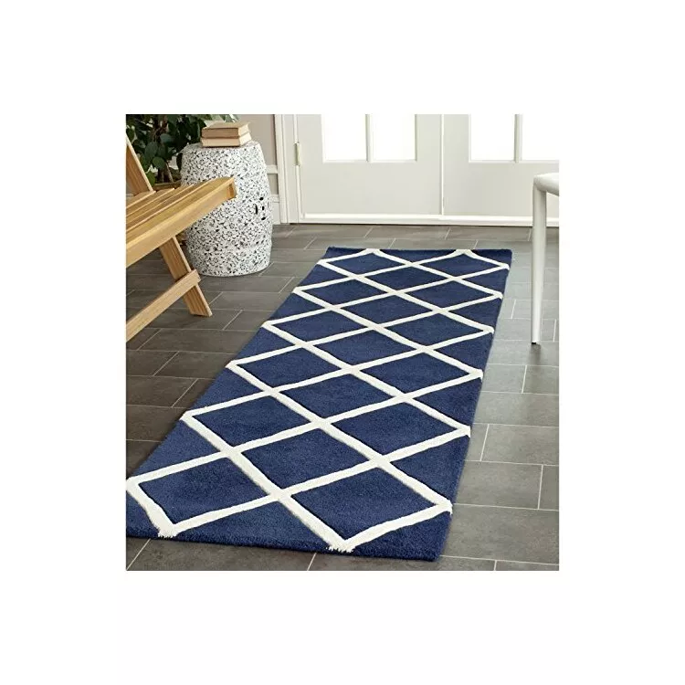 Dark Blue/Ivory Transitional Wool Pile Rug Runner 9'L x 2'3W
