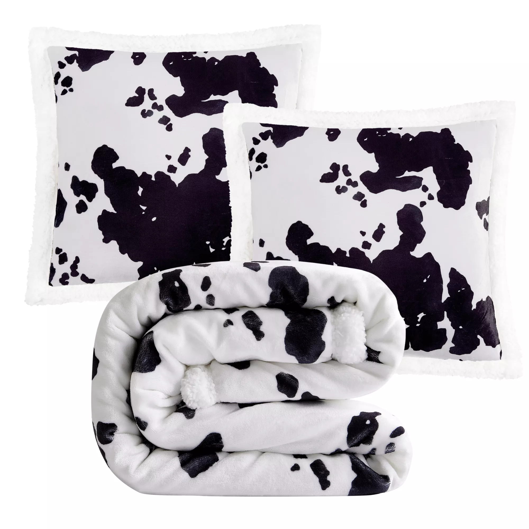 Elsa Cowhide Campfire Black Sherpa Throw Set