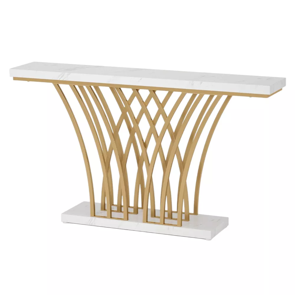 Faux Marble 59-Inch Console Table with Modern Geometric Metal Base