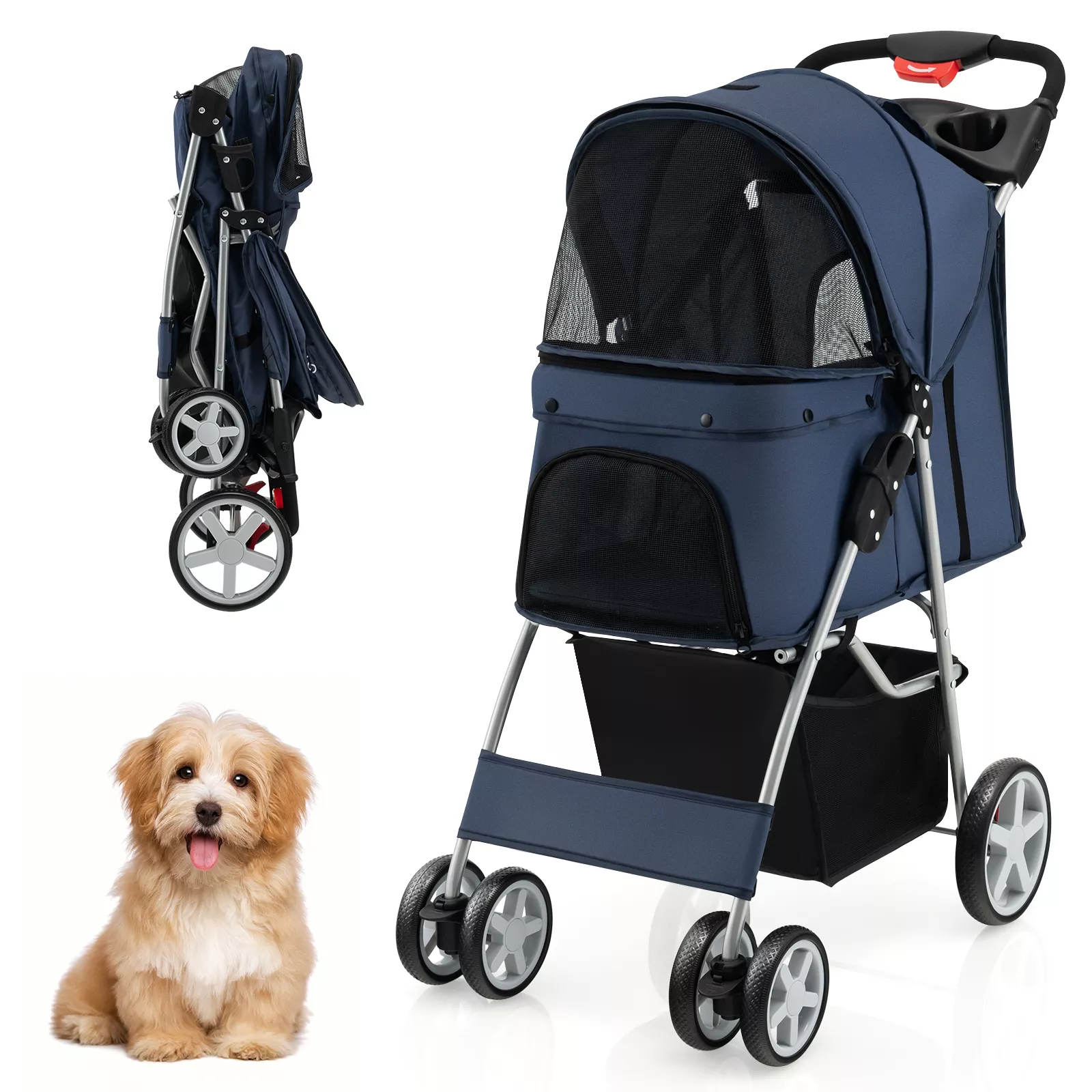 Folding Pet Stroller with Storage Basket and Adjustable Canopy-Gray