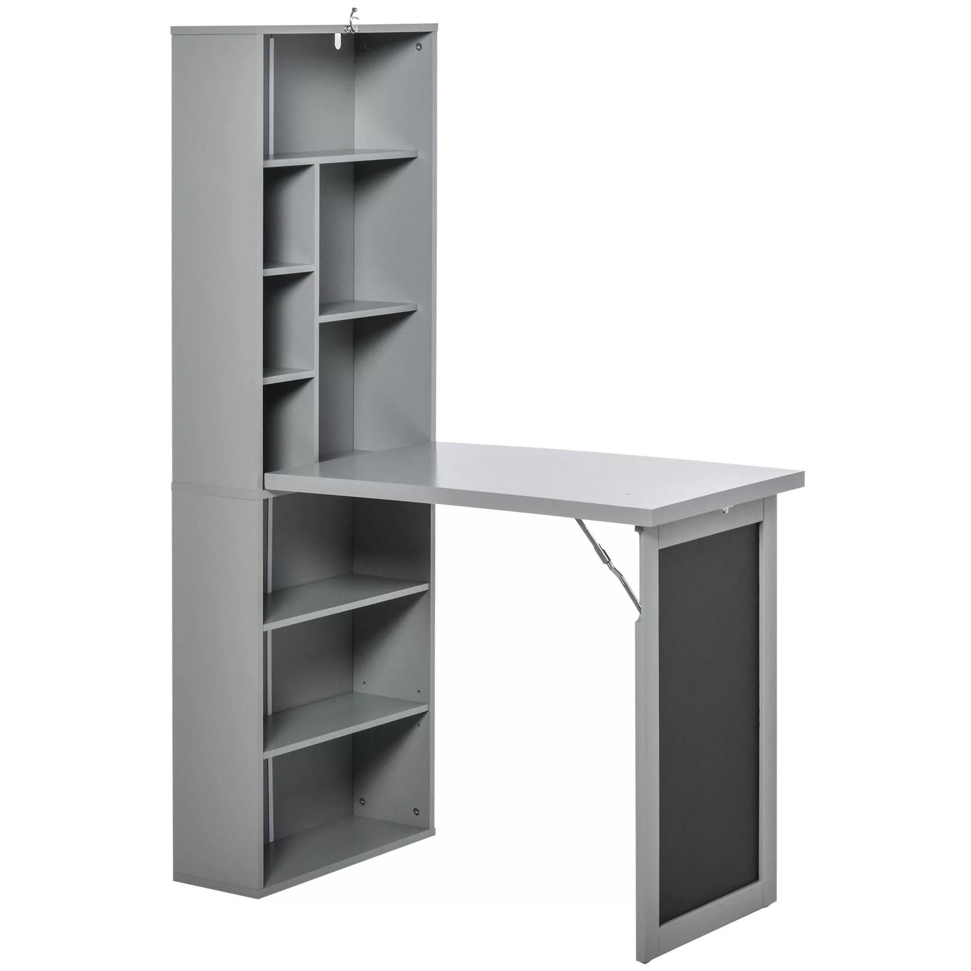 Gray Space-Saving Desk: Wall-Mounted Folding Table with Shelf