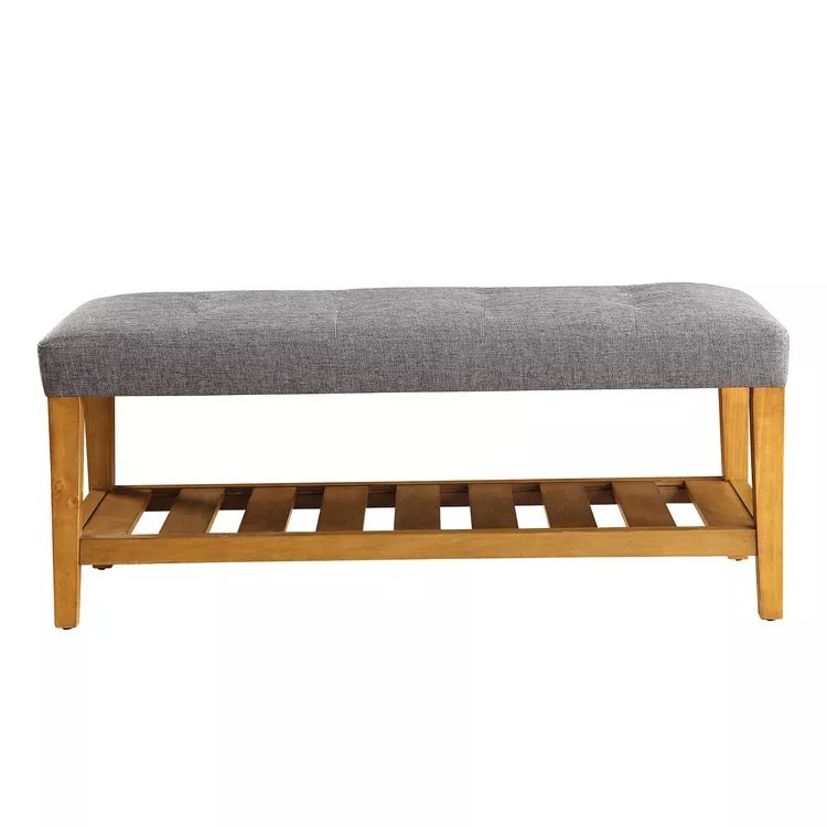 Gray Wooden Bench with Button Tufted Seat & Slatted Shelf Storage