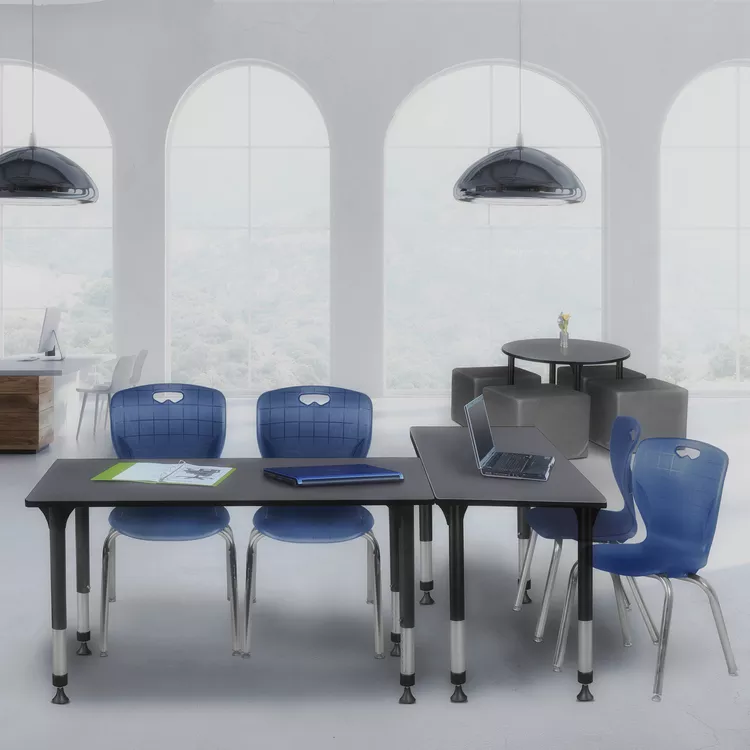 Grey Height Adjustable Classroom Table & Navy Blue Stack Chairs Set - Regency Seating