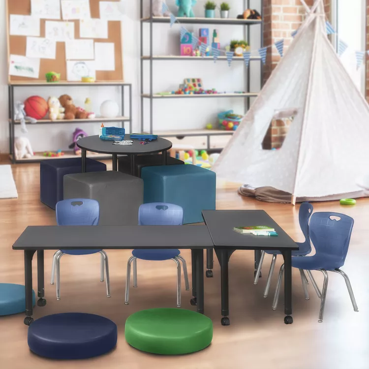Grey Height Adjustable Mobile Classroom Table w/ Navy Blue Stack Chairs 60 x 24 - Regency Seating