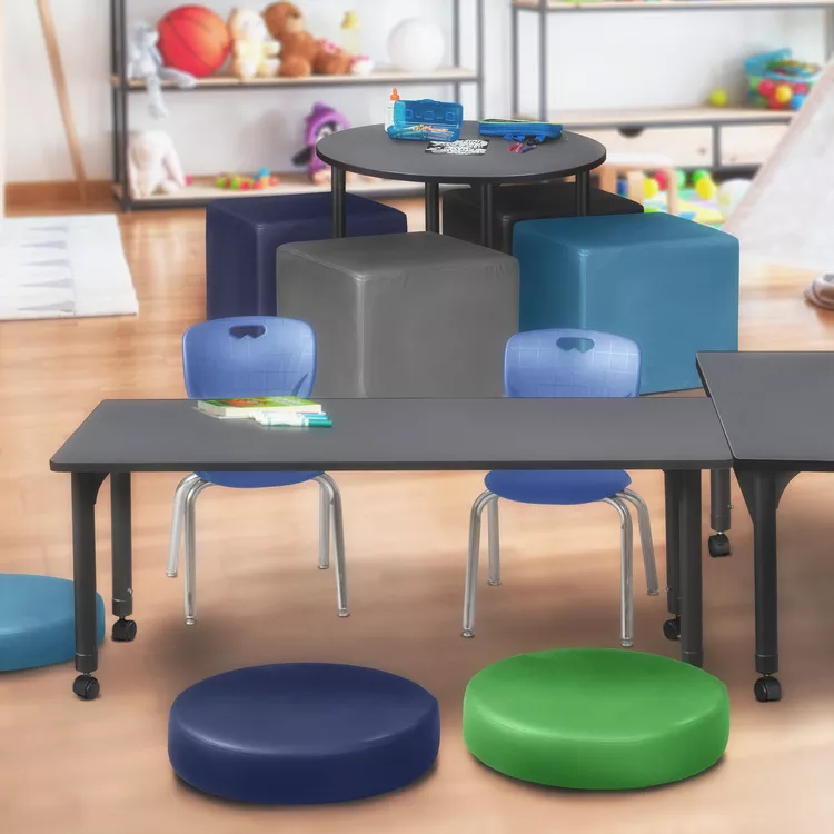 Grey Mobile Classroom Table w/2 Navy Stack Chairs, Adjustable Height, 72x24 - Regency Seating