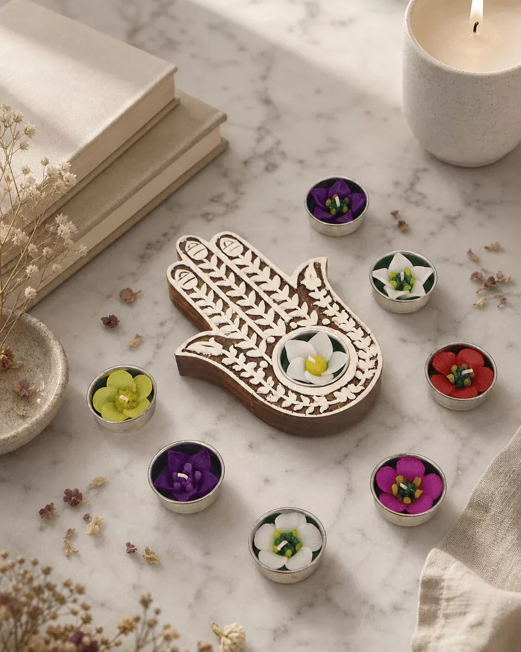 Hamsa Tea light Holder With 8 Floral Tea lights