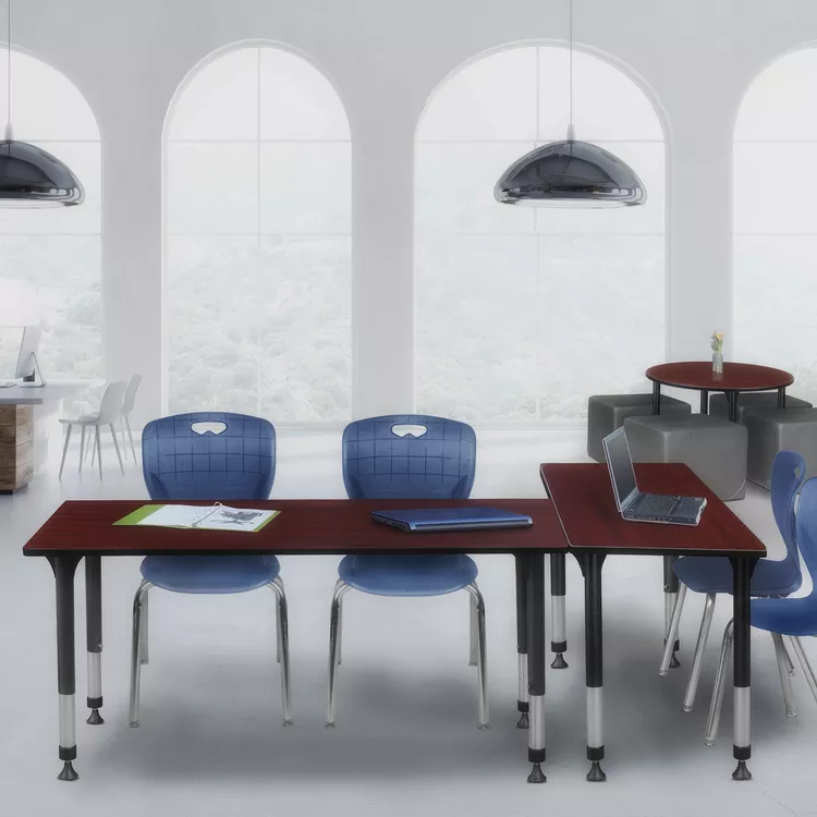 Height Adjustable Mahogany Classroom Table with Navy Blue Stack Chairs - Regency Seating