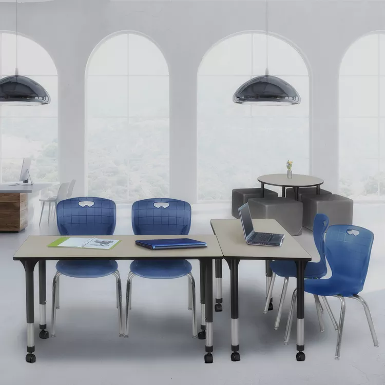 Height Adjustable Mobile Classroom Table - Maple and Navy Blue Stack Chairs 60 x 24 - Regency Seating