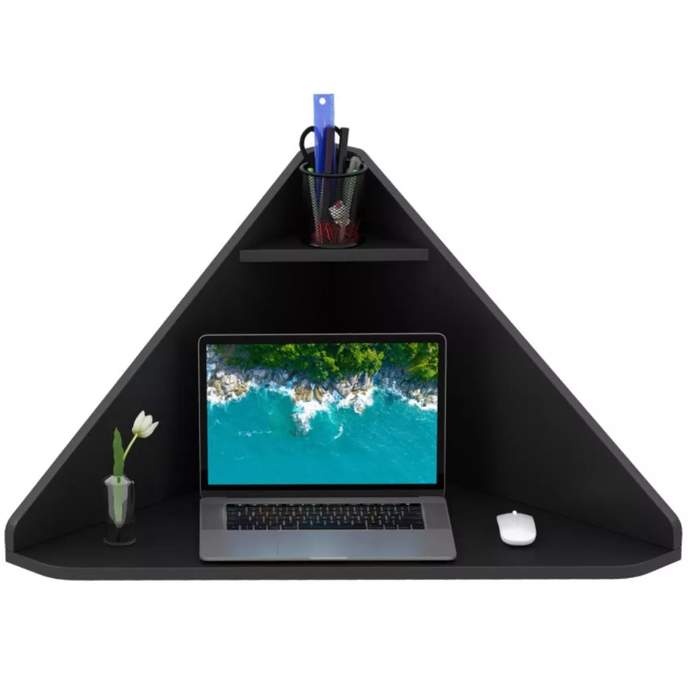 Hivvago Floating Triangular Corner Computer Desk with Storage Shelf-Black