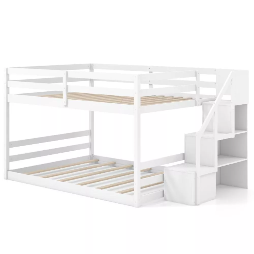 Hivvago Solid Wood Full Over Full Low Bunk Bed with Storage Stairs