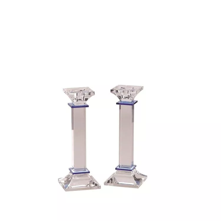 Israel Giftware Crystal Candlesticks - Elegant Blue Accent Pair
