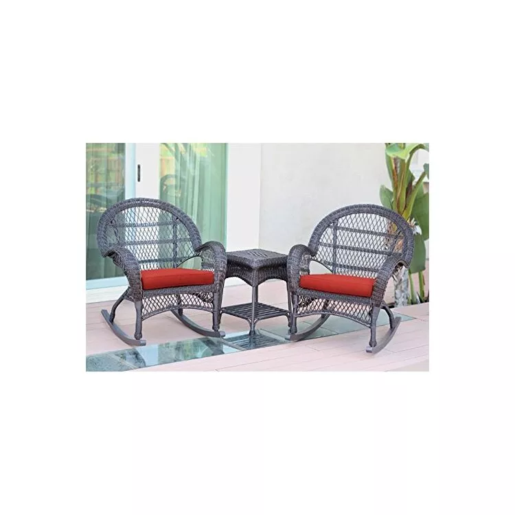Jeco Wicker Rocking Chair Set - Espresso & Red