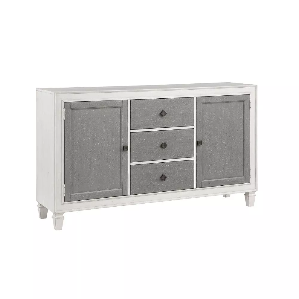 Kate 70 Inch Sideboard Server Console, 3 Drawers, 2 Cabinets, Gray, White