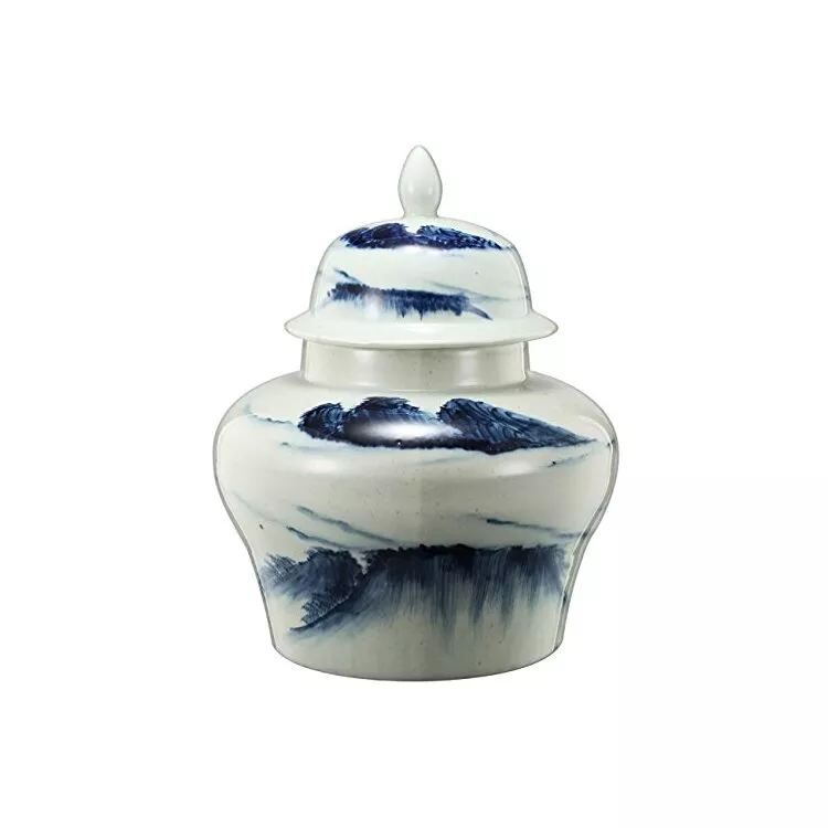 Large White Ceramic Ginger Jar with Blue Windswept Design - A&B Home