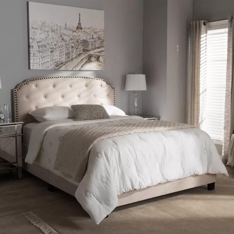 Light Beige Contemporary Queen Size Fabric Bed