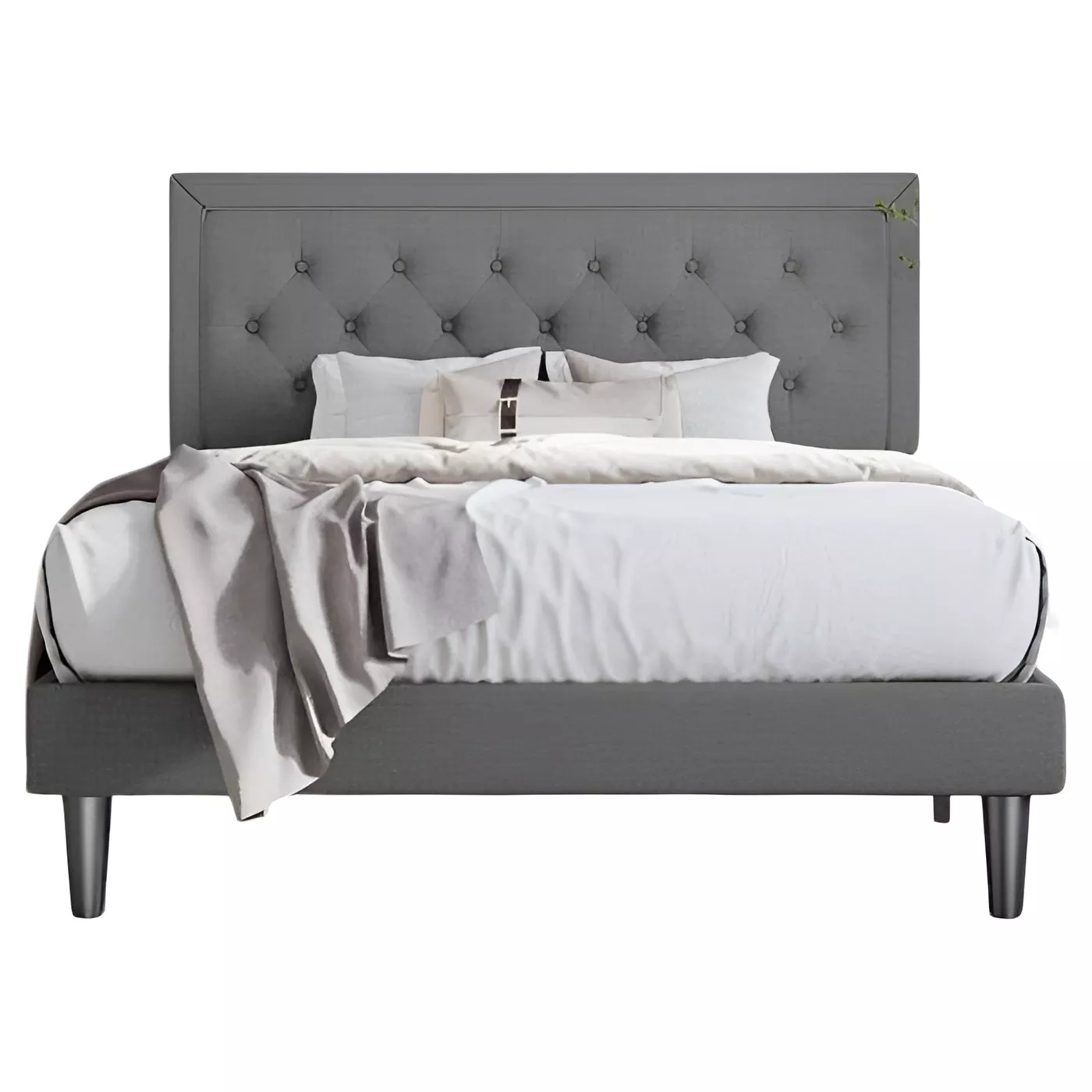 Linen Upholstered Platform Bed with Button-Tufted Headboard for Modern Bedrooms