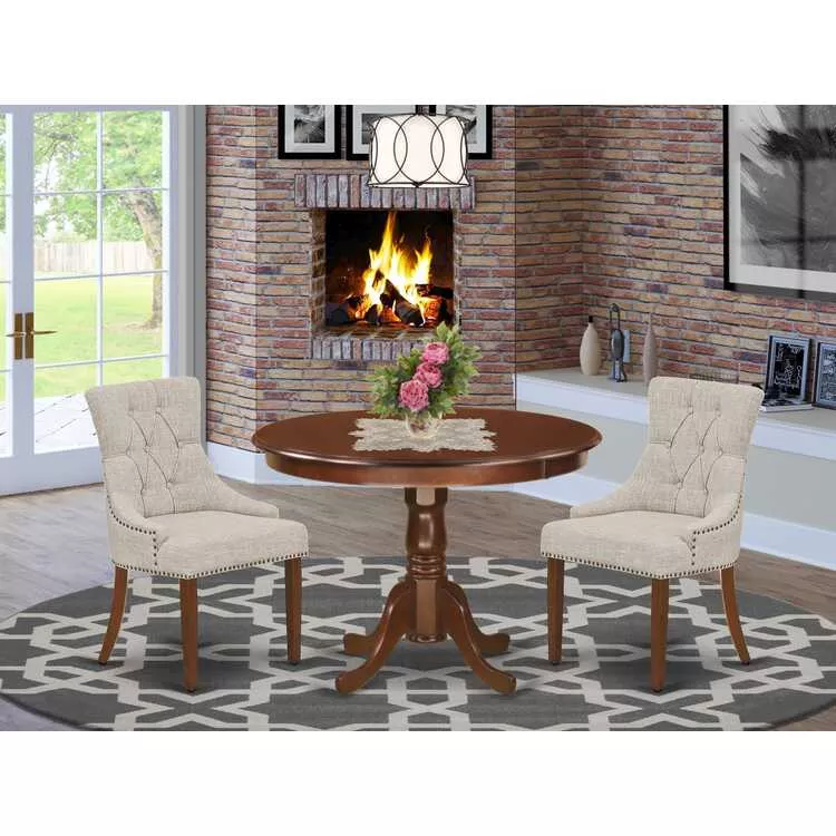 Mahogany 3Pc Dinette Set with Rounded Table and Doeskin Parson Chairs