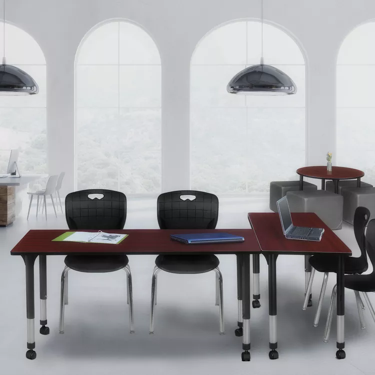 Mahogany Height Adjustable Mobile Classroom Table & Black Stack Chairs - Regency Seating