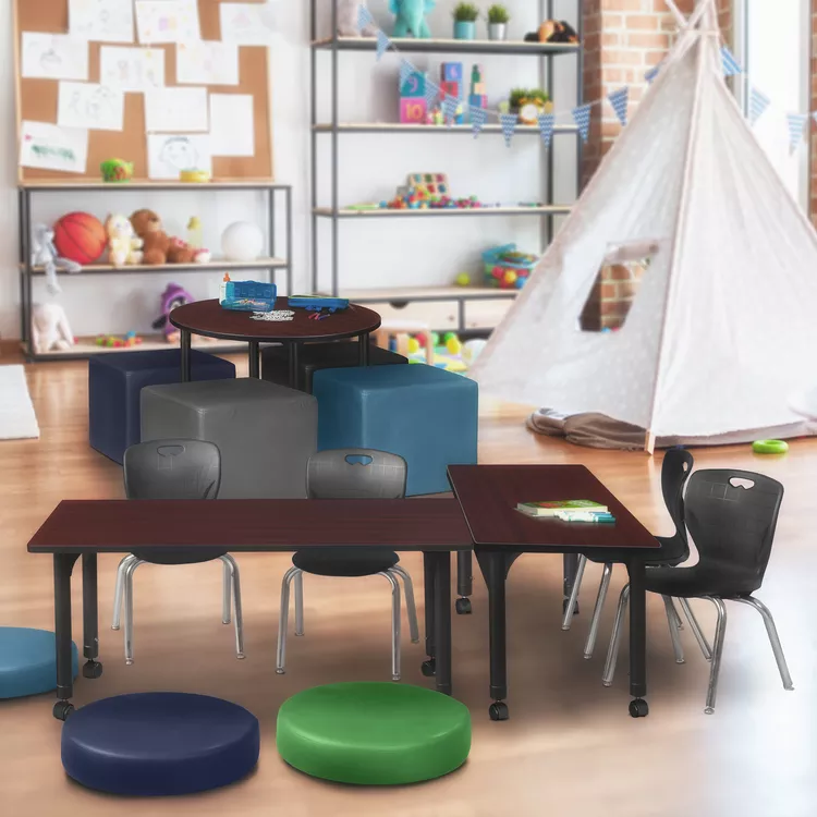 Mahogany Height Adjustable Mobile Classroom Table Set w/ Stack Chairs Black 66x24 - Regency Seating
