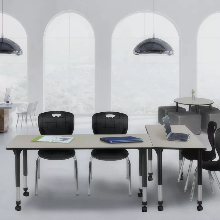 Maple Height Adjustable Mobile Classroom Table w/ Black Stack Chairs - Regency Seating