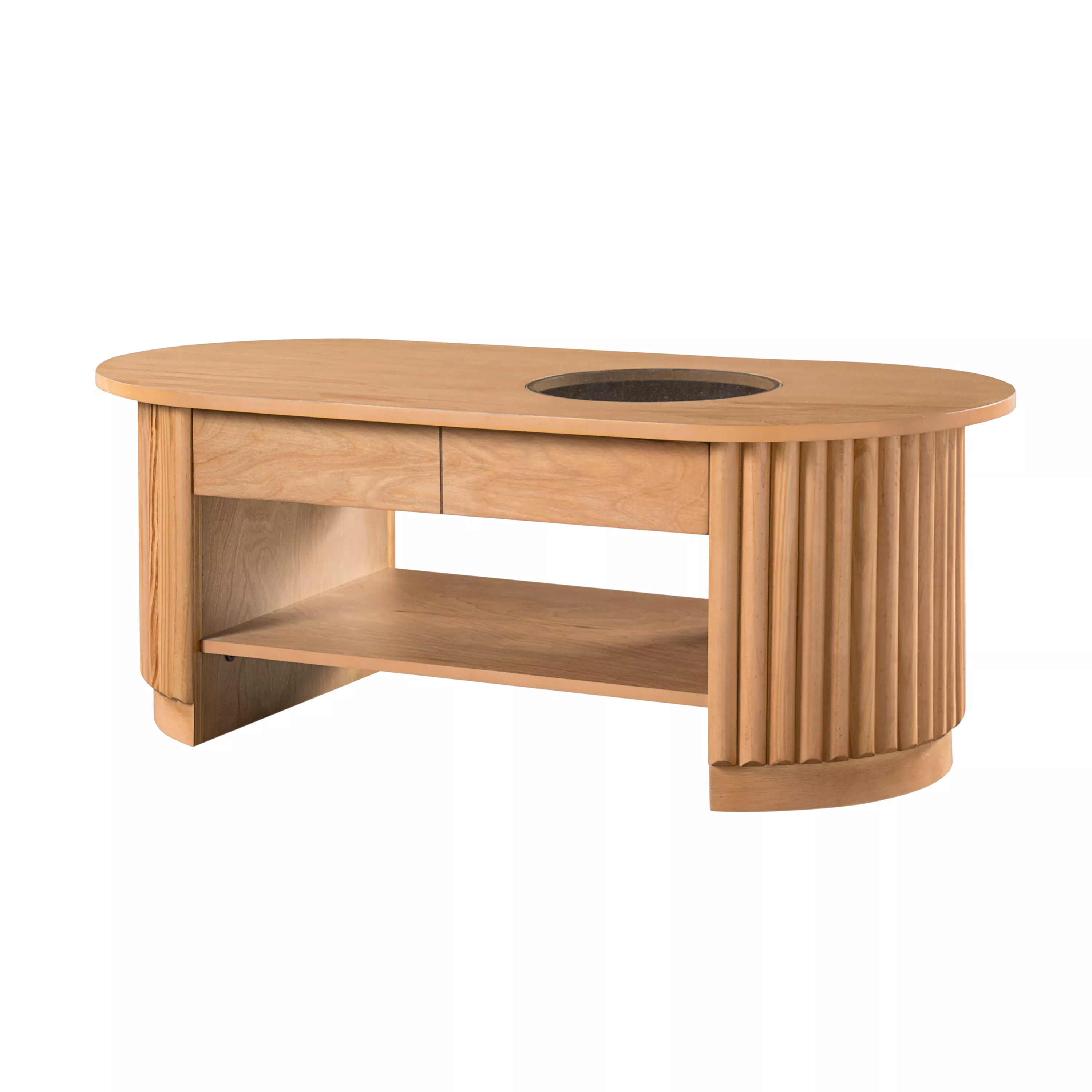 Merax Fluted Oval Coffee Table with 2 Pull-Out Side Drawers, Heat/Scratch-Resistant Glass Insert