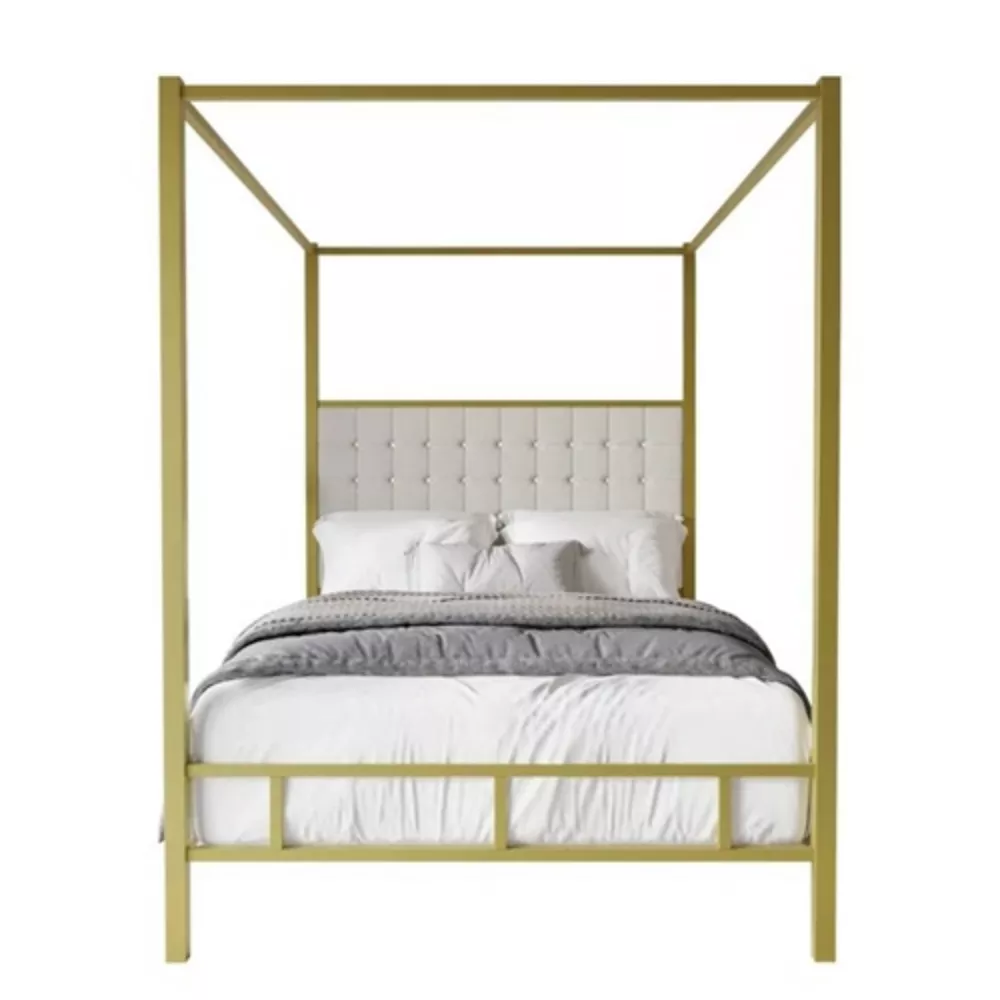 Metal Canopy Bed with Upholstered Button-Tufted Headboard