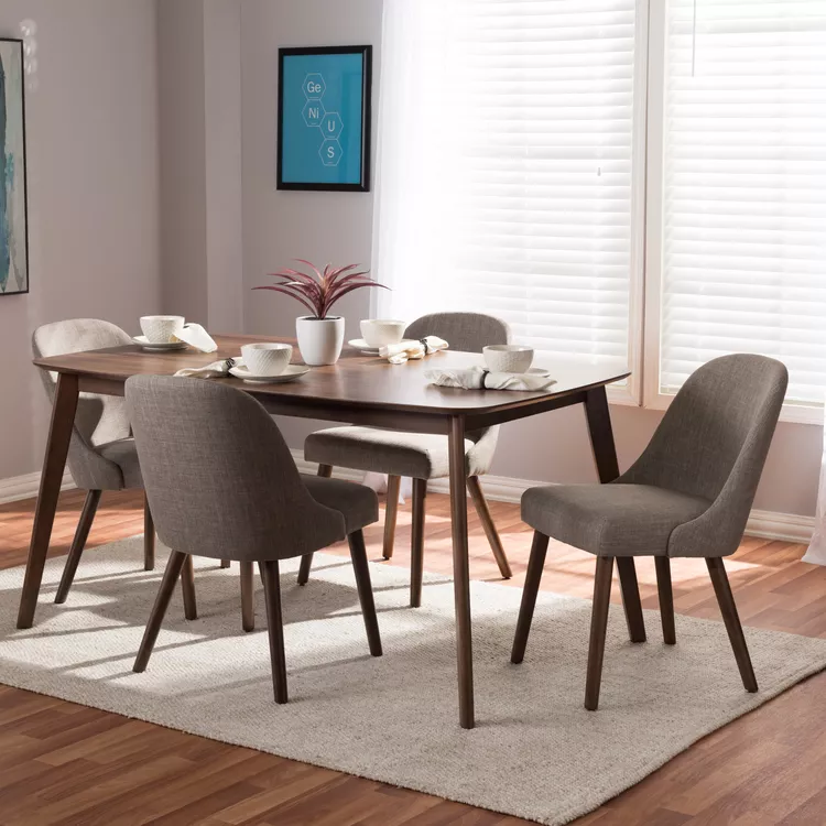 Mid-Century Grey Fabric Upholstered Walnut 5-Piece Dining Set