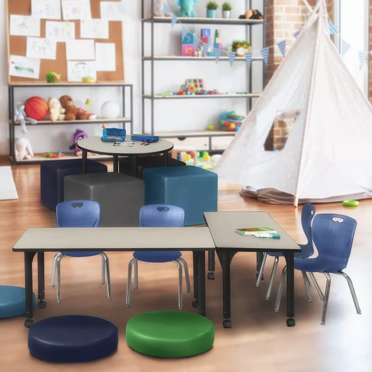 Mobile Classroom Table Height Adjustable Maple Navy Blue Chairs - Regency Seating