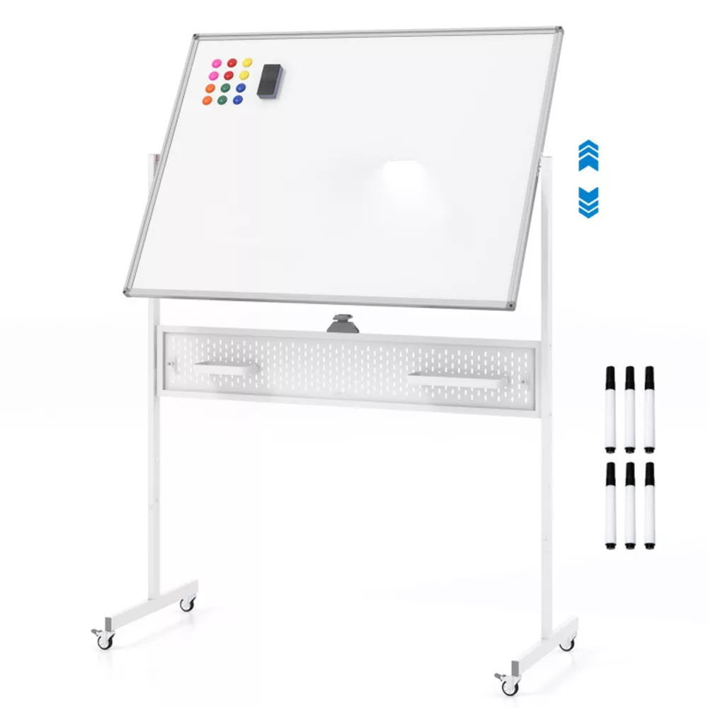 Mobile Whiteboard Adjustable Double-Sided Magnetic Board with Pegboard-White