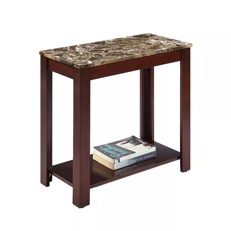 ORE International Dark Cherry End Table - 24" Side Table with Marble Print & Storage Shelf