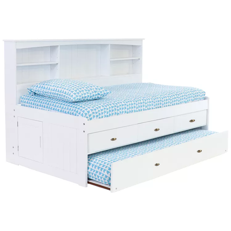 OS Home Twin Bookcase Daybed with Trundle - White Solid Pine Bed