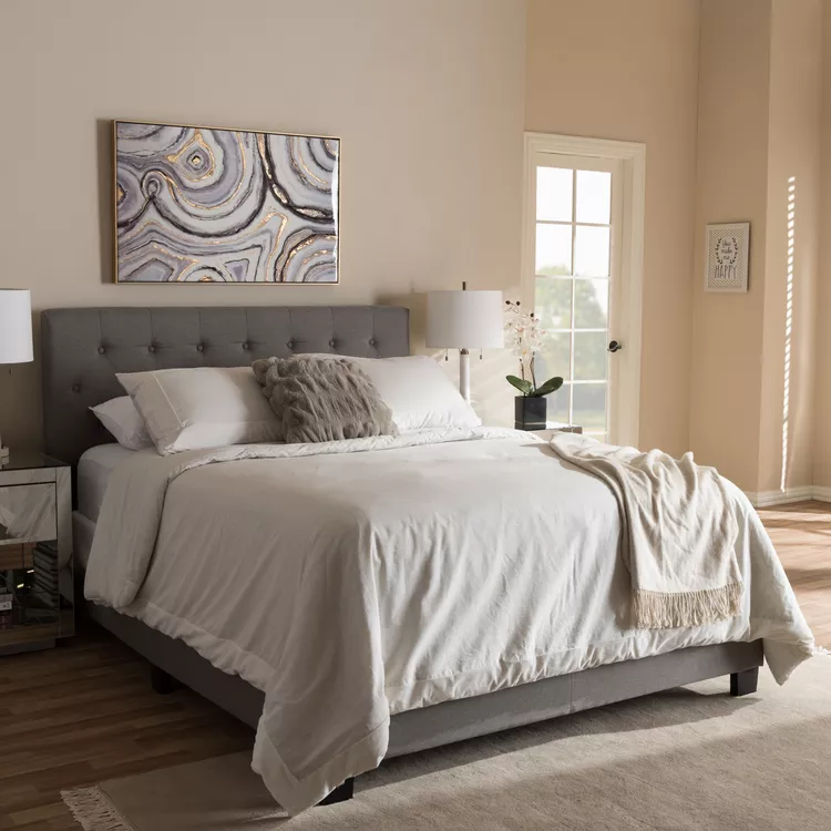 Queen Size Light Grey Fabric Upholstered Bed