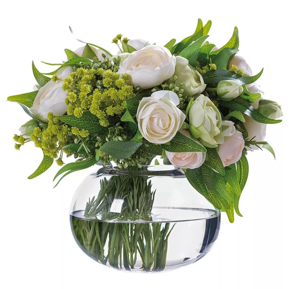 Ranunculus/Viburnum/Ruscus in Glass Vase