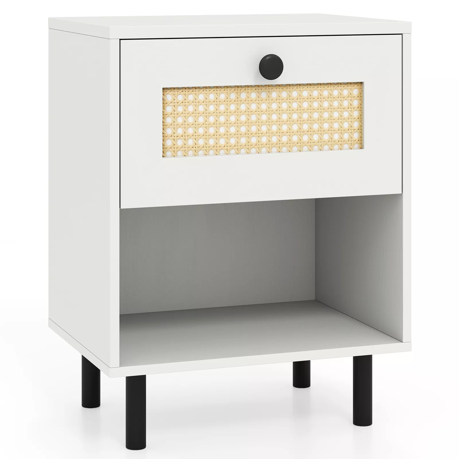 Rattan Bedside Table with Drawer and Open Storage Shelf