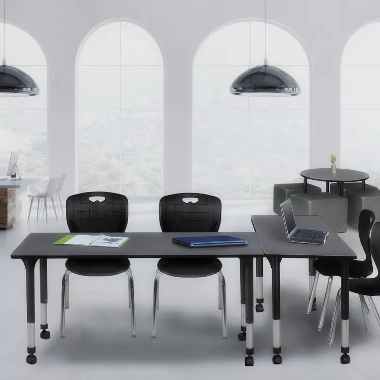 Regency Kee 66" x 30" Height Adjustable Mobile Classroom Table - Grey & 2 Andy 18-in Stack Chairs- Black