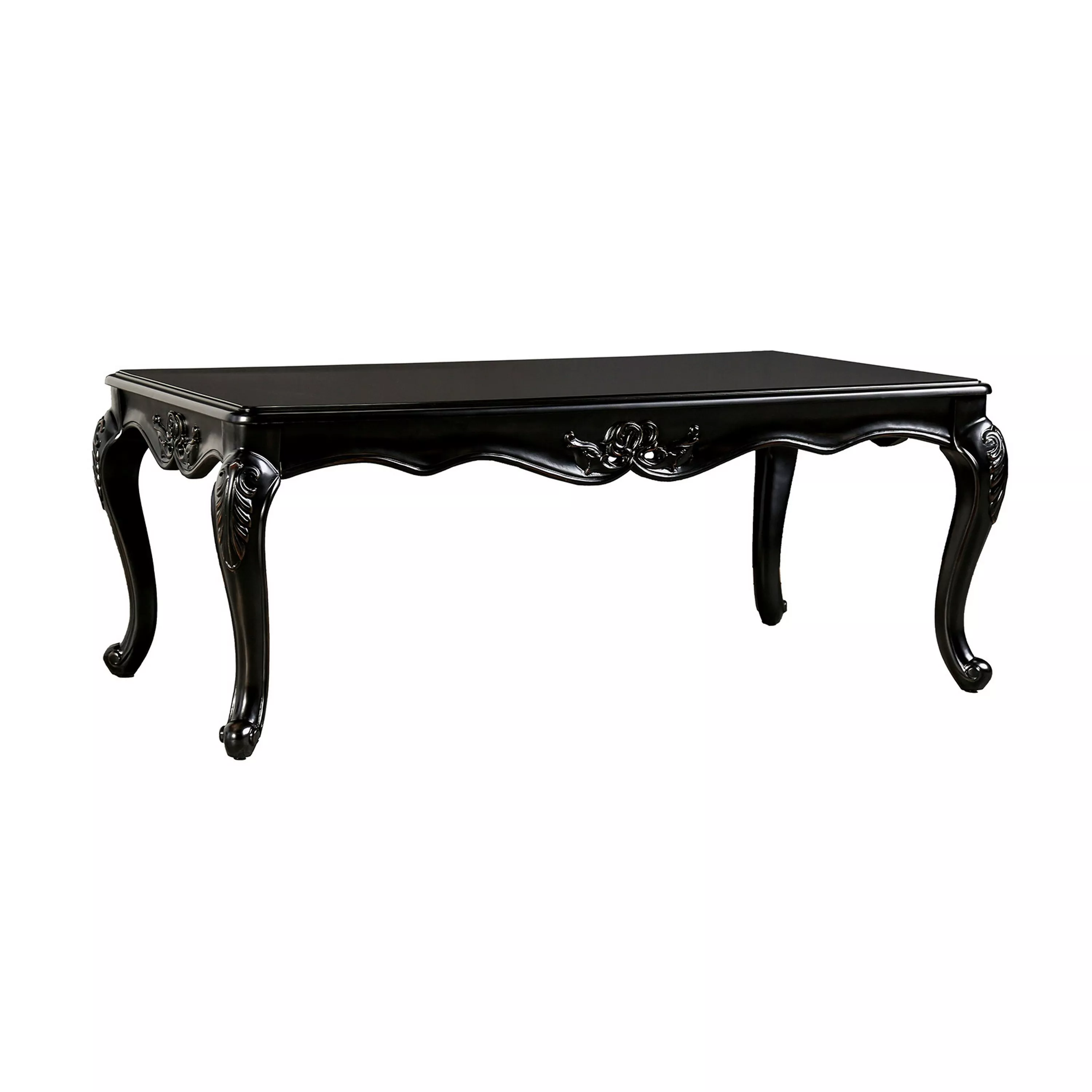 Roche Coffee Table, 53 Inch, Classical Cabriole Legs, Dark Brown Solid Wood