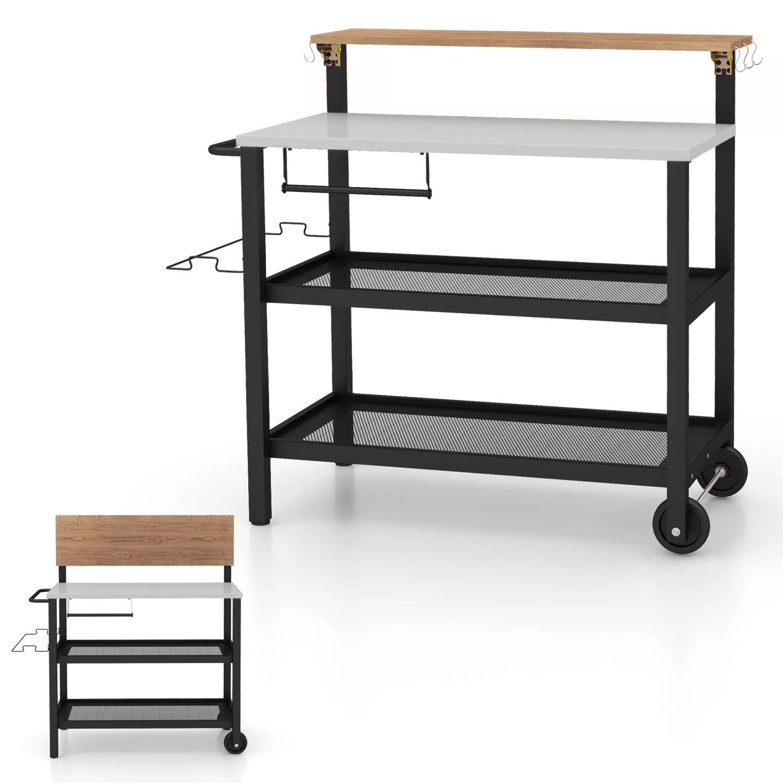 Rolling Bar Cart with Flip-up Table and Hooks for Kitchen