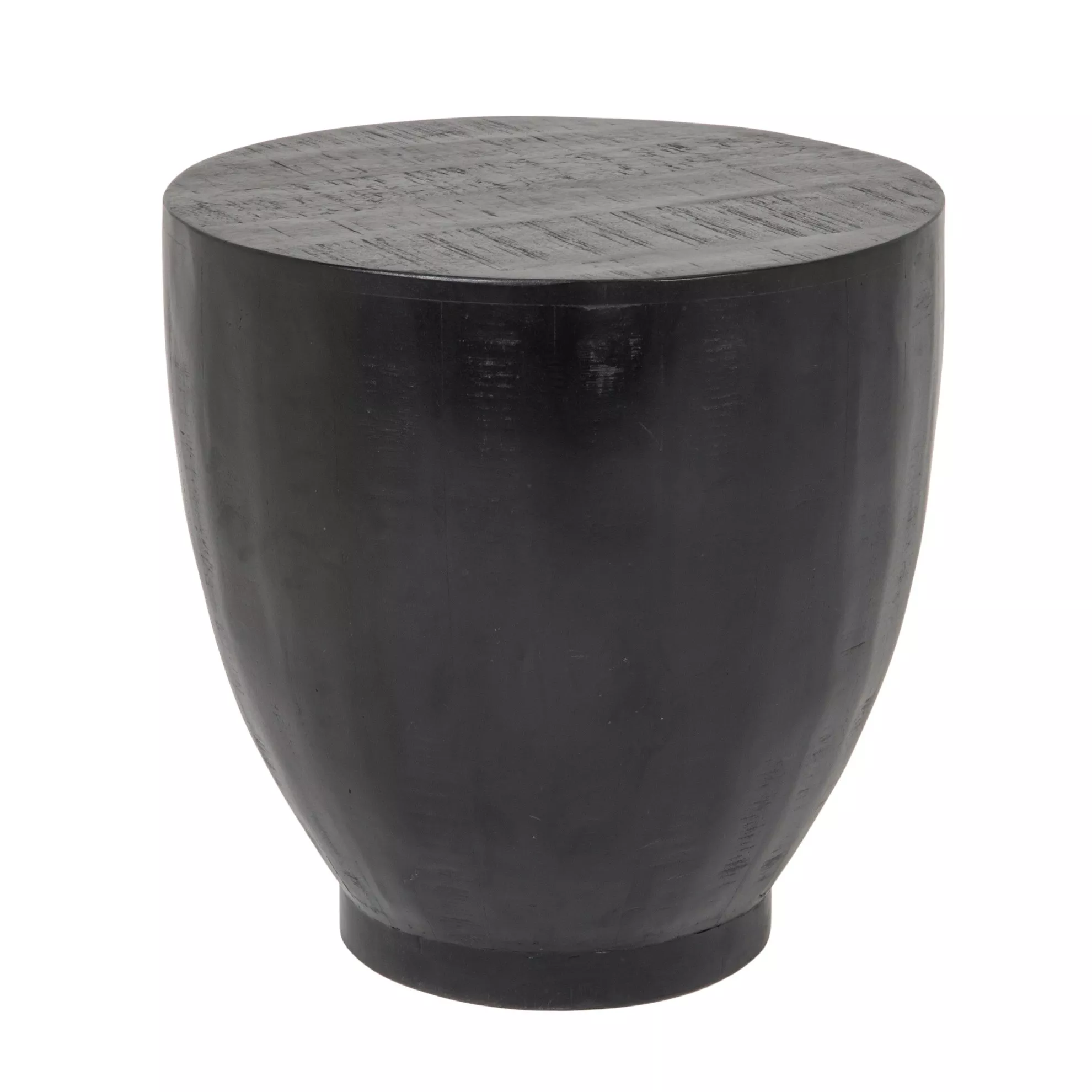 Round Mango Wood Drum End Table with Combed Finish, Black