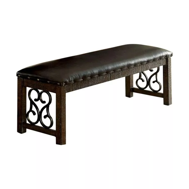Rustic Wooden Bench with Metal Scrollwork Design & Brown Leather Seat