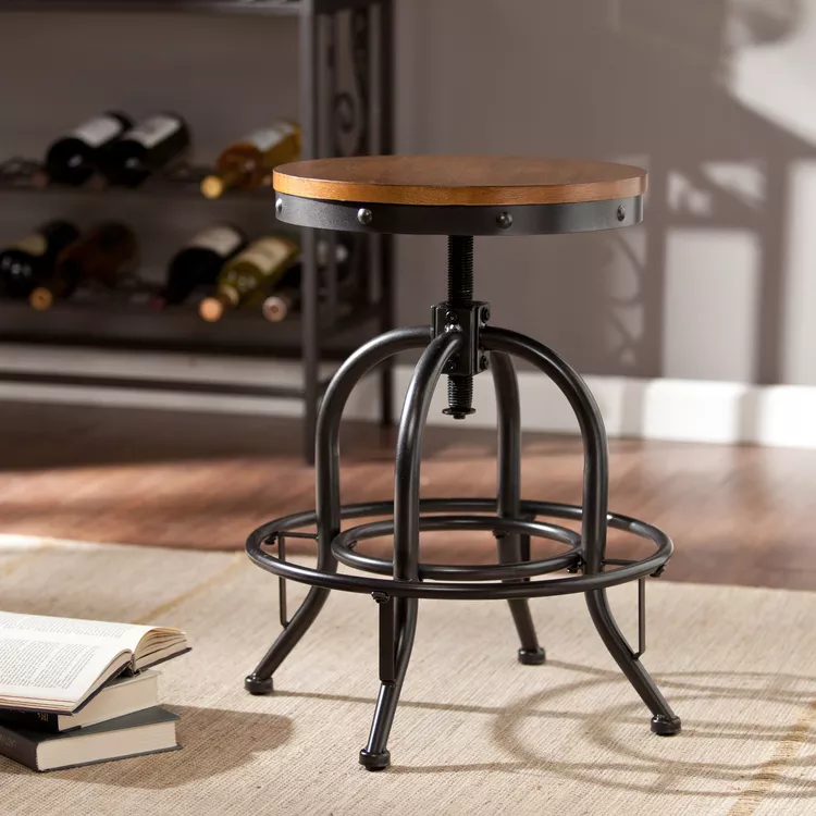 SEI Adjustable Industrial Stool - Dark Pine & Metal Design