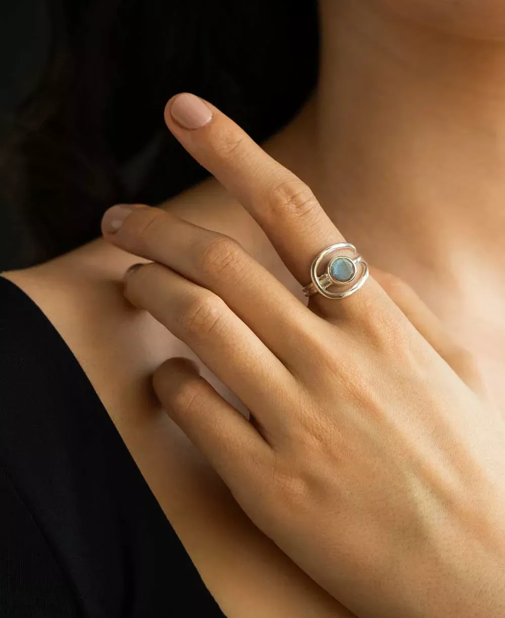 Shimmering Labradorite Sterling Silver Loop Ring