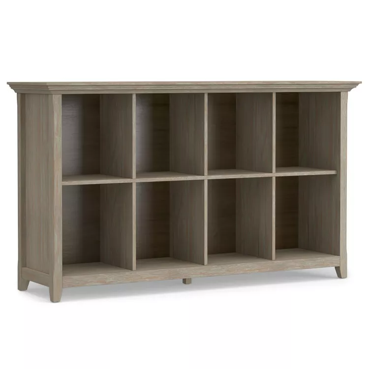 Simpli Home Amherst 57 inch Wide Solid Wood Transitional 8 Cube Storage Sofa Table in Hickory Brown