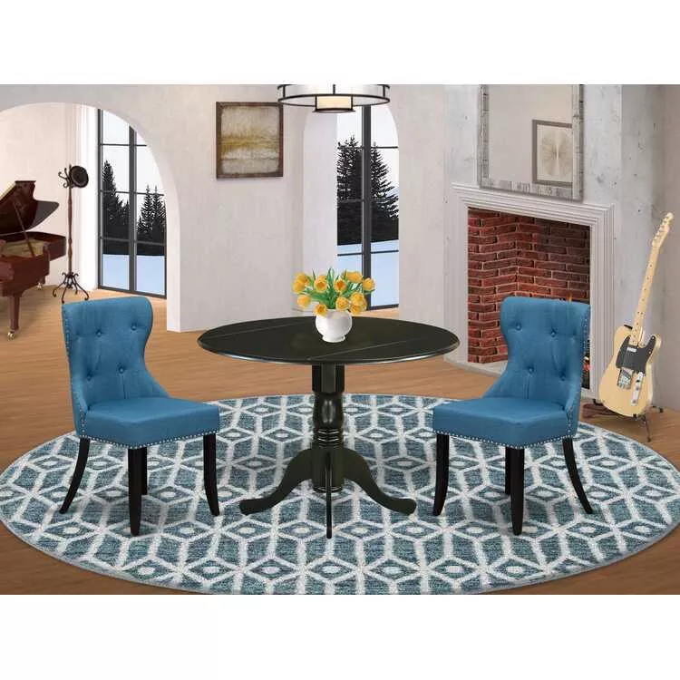 Small Round Dining Table Set with 2 Blue Chairs - 42 Inch