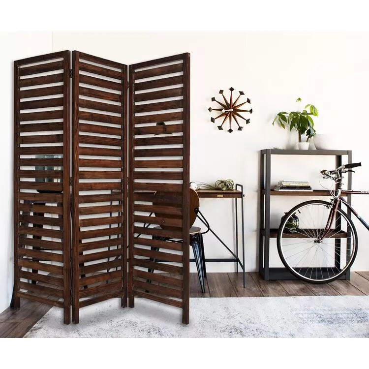 Solid Wood Weathered Brown 3 Panel Screen - Screen Gems