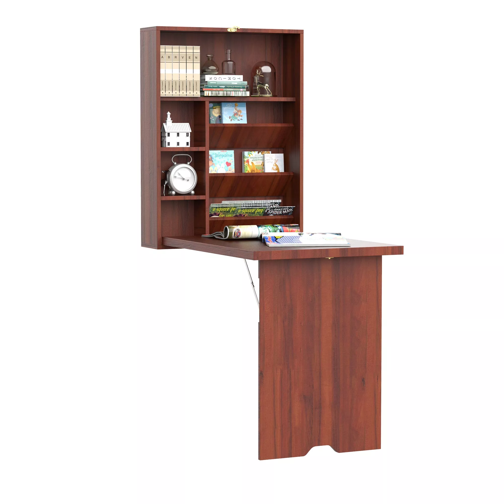 Space-Saving Workstation: Mahogany Wall-Mounted Convertible Desk